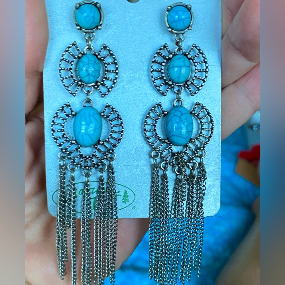 SALE 5/$25 NWT 2007 earrings,Nature’s 1,southwest silver,turquoise,fringe